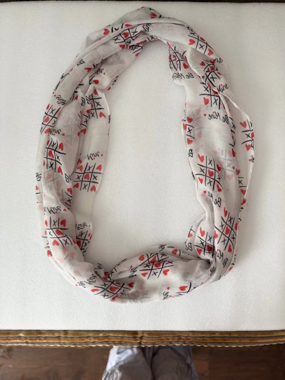Romantic Heart Print Scarf Red White Valentine Sheer Lightweight Wrap “Be Mine”